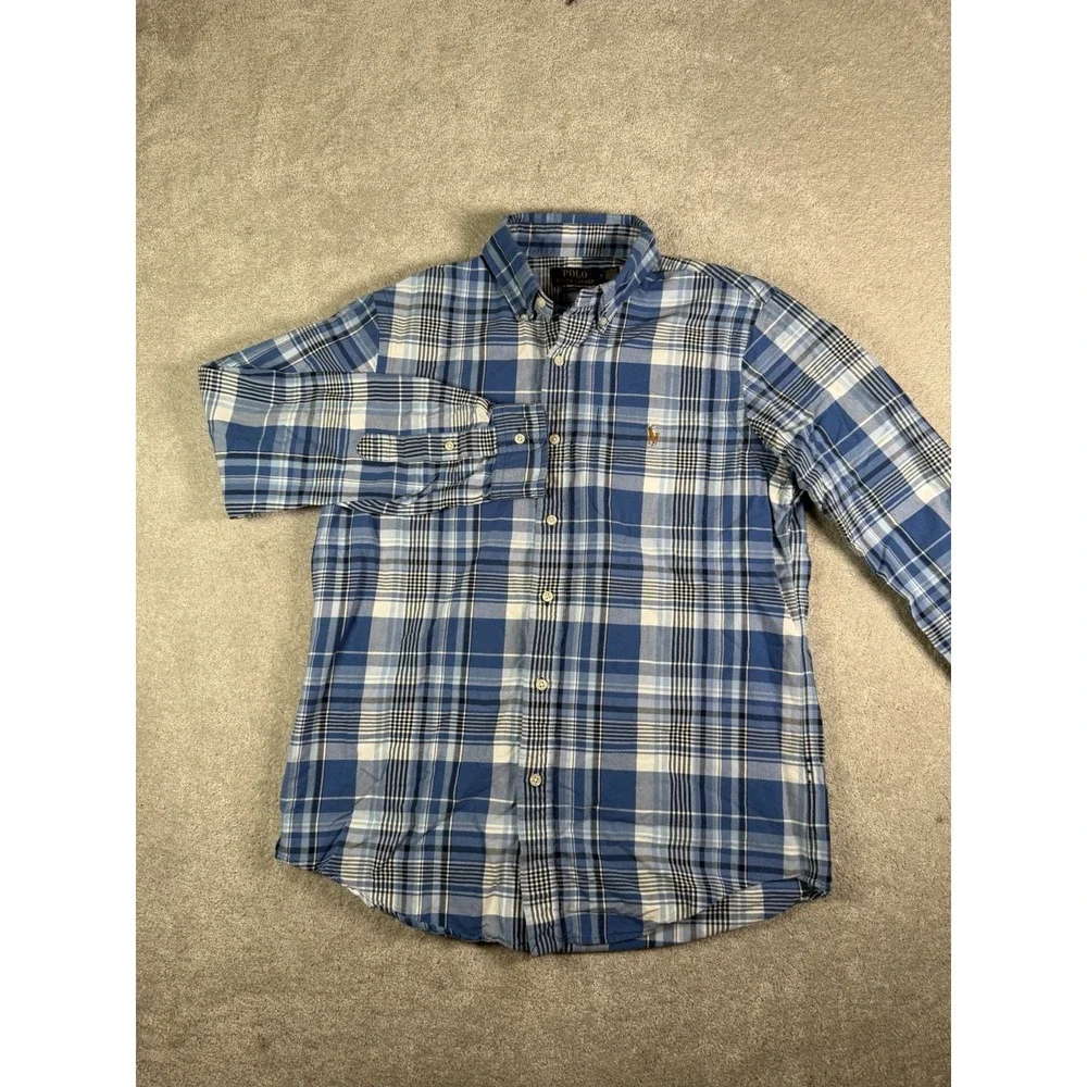 Polo Ralph Lauren Shirt Mens Medium Blue Plaid Oxford Flesh Pony Button Up